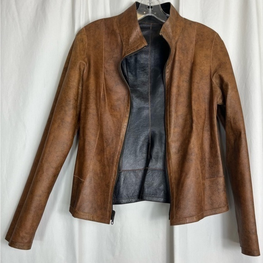Ruda, fully reversible, black/caramel, very soft, leather jacket. Size S.